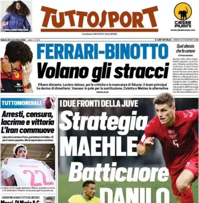 Tuttosport apre con i due fronti della Juve: "Strategia Maehle, batticuore Danilo"