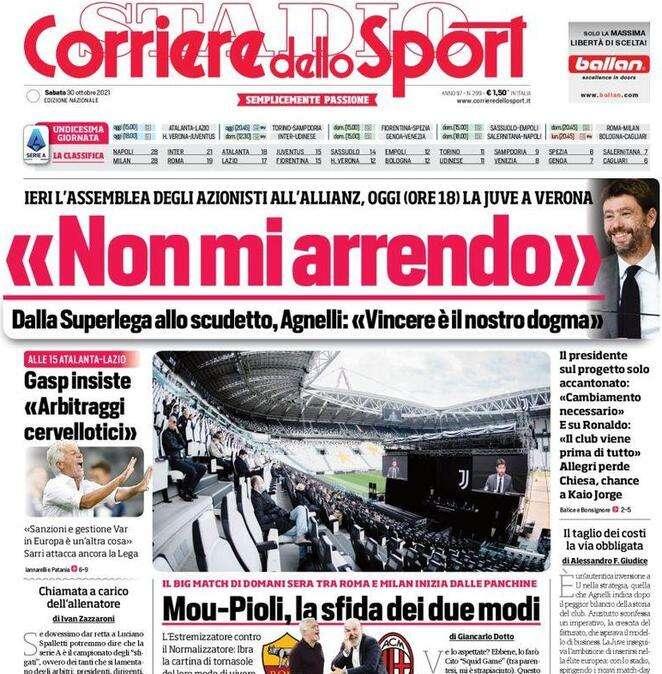 Il CorSport in apertura con le dichiarazioni di Agnelli: "Non mi arrendo"