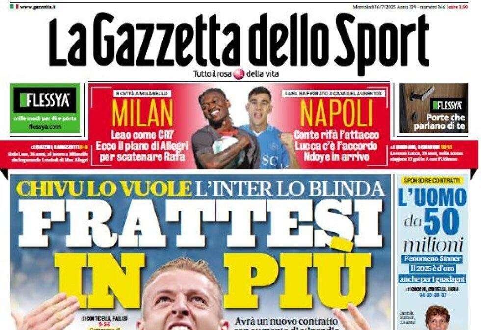 "Chivu lo vuole, l'Inter lo blinda: Frattesi in più con un nuovo contratto", la prima pagina de La Gazzetta dello Sport