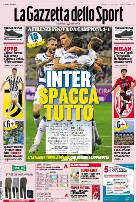 La prima pagina de La Gazzetta dello Sport: "Inter spacca tutto"