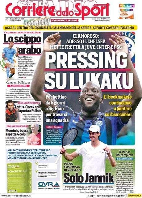 L'apertura del Corriere dello Sport: "Pressing su Lukaku, Pochettino gli dà cinque giorni per trovarsi una squadra"