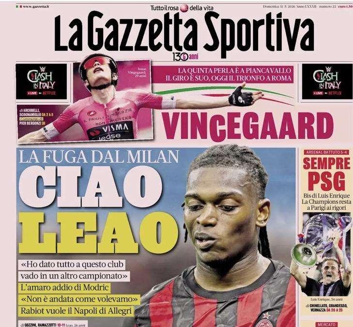 "La fuga dal Milan! Ciao Leao. L'Atalanta apre a Palestra all'Inter", la prima pagina della Gazzetta dello Sport