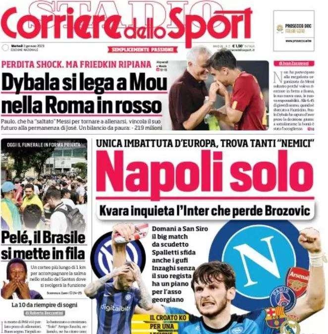 L'apertura del Corriere dello Sport: "Napoli solo". Azzurri unici imbattuti in Europa