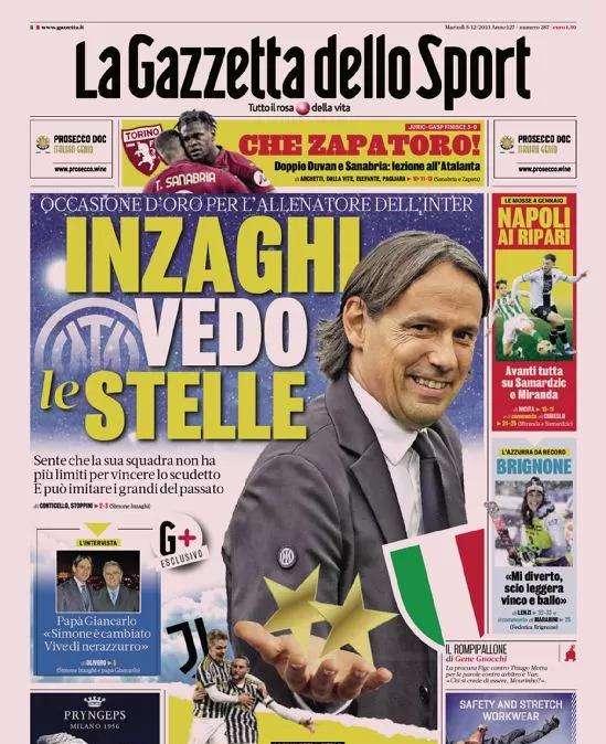 Inzaghi vede le stelle, la Juve cerca l'impresa: le prime pagine di martedì 5 dicembre
