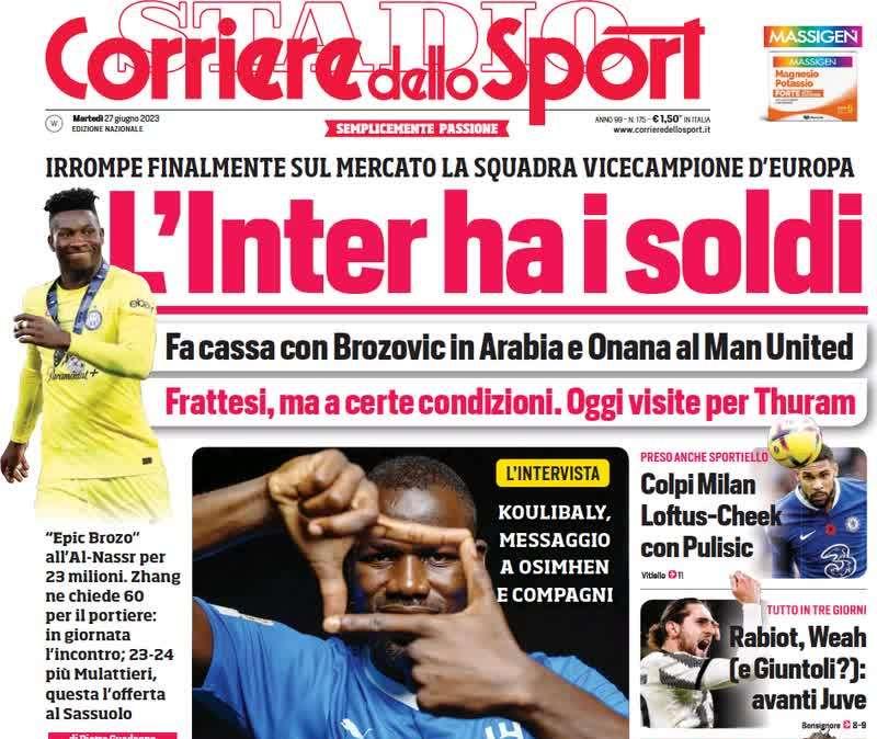 Il CorSport in apertura: "L'Inter ha i soldi". I nerazzurri irrompono finalmente sul mercato
