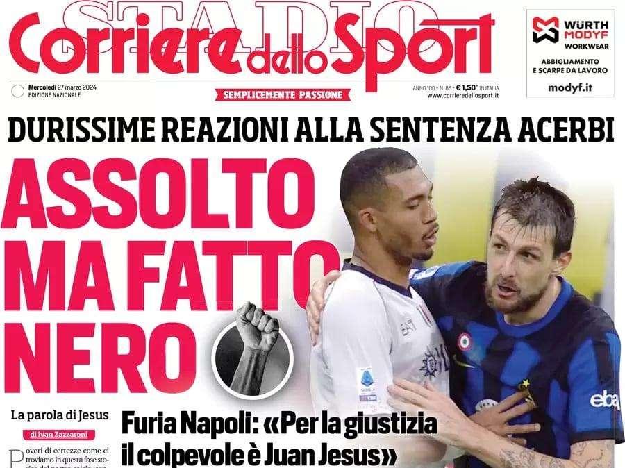 "Acerbi assolto, ma fatto nero". La prima pagina del Corriere dello Sport