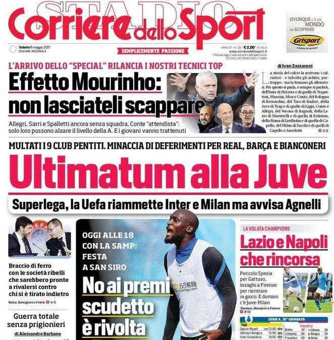 Il Corriere dello Sport in apertura: "No ai premi Scudetto, è rivolta all'Inter"