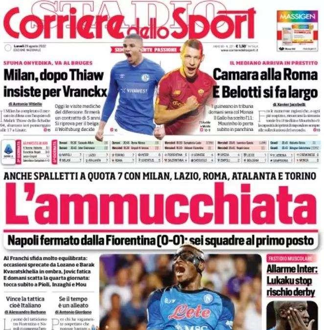 Il Corriere dello Sport in apertura: "Allarme Inter: Lukaku stop, rischio derby"