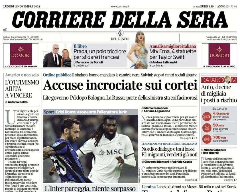 "Inzaghi perde il tocco, Conte rimane in vetta": l'apertura de Il Corriere della Sera