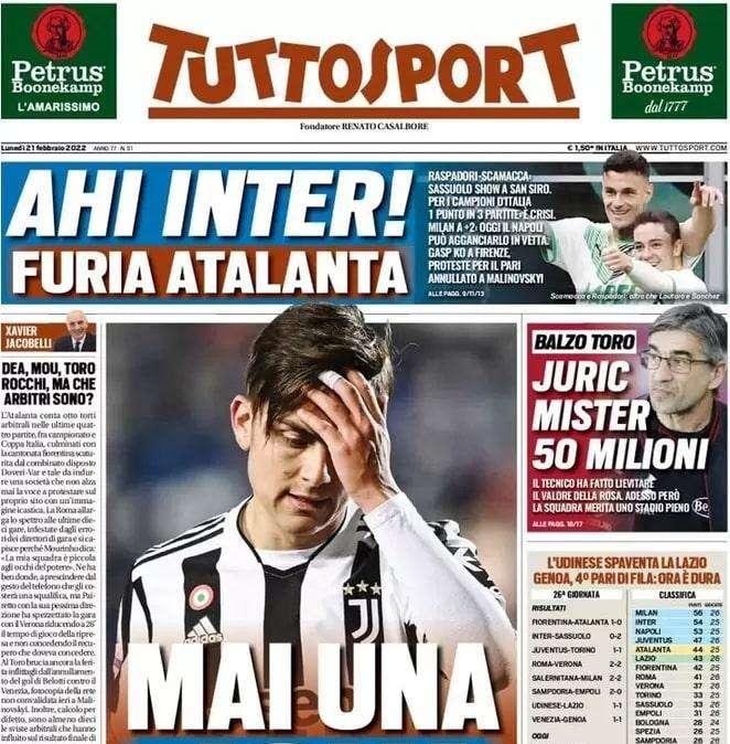 L'apertura di Tuttosport dopo il ko con il Sassuolo: "Ahi Inter!"