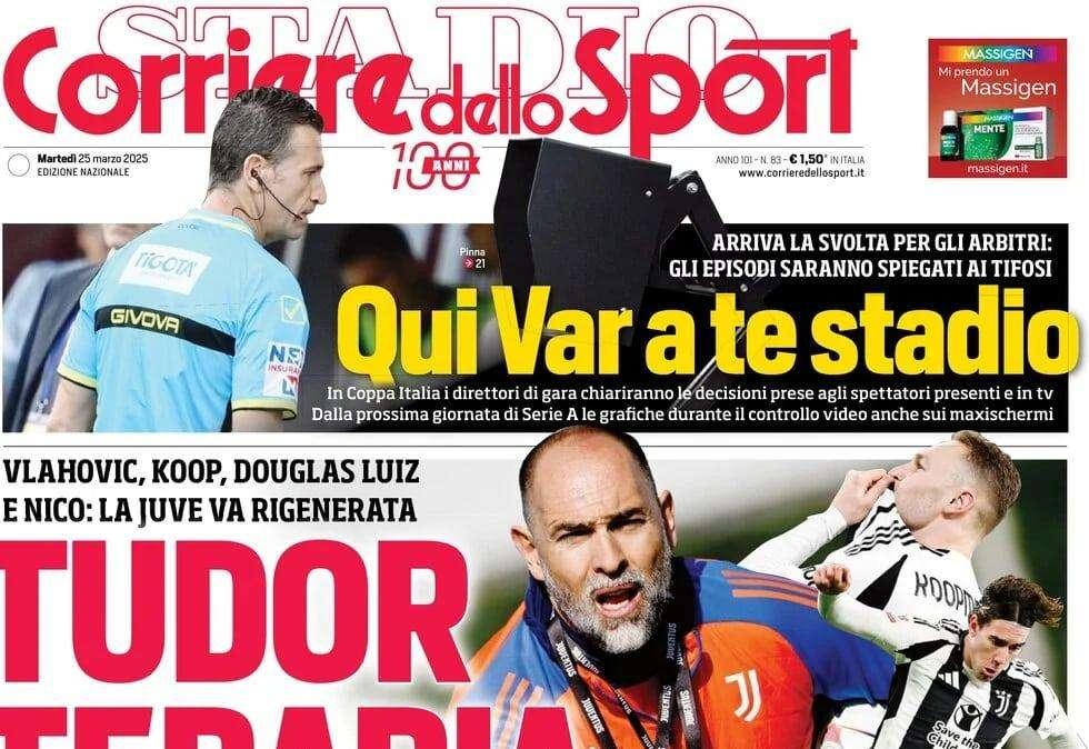 Svolta per gli arbitri in Coppa Italia, pronto il quarto rinnovo per Inzaghi: la prima pagina del Corriere dello Sport