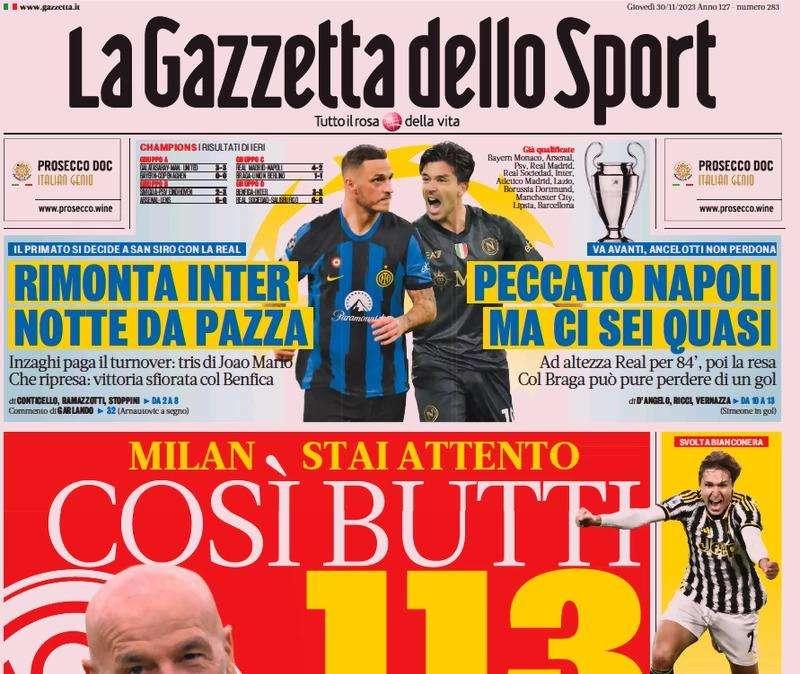 Pazza Inter, rimonta incredibile a Lisbona col Benfica: le prime pagine del 30 novembre