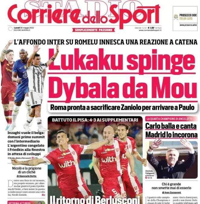 L'apertura del Corriere dello Sport: "Lukaku spinge Dybala da Mou"