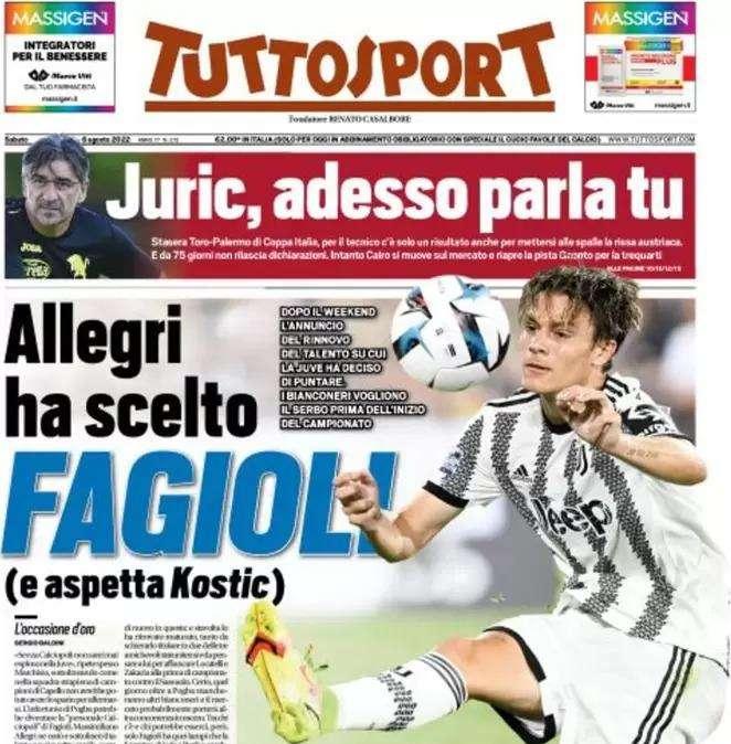 La prima pagina di Tuttosport: "Allegri aspetta Kostic"