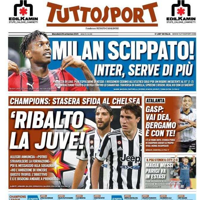 L'apertura di Tuttosport - "Inter, serve di più. Real ko con lo Sheriff"