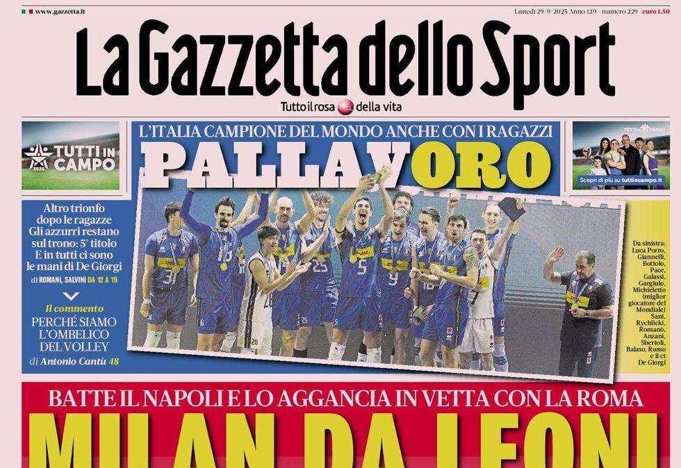 "Batte il Napoli e lo aggancia in vetta con la Roma. Milan da Leoni", la prima pagina de La Gazzetta dello Sport