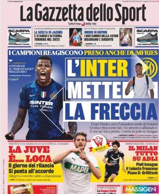 L'apertura de La Gazzetta dello Sport: "L'Inter mette la freccia, preso Dumfries"