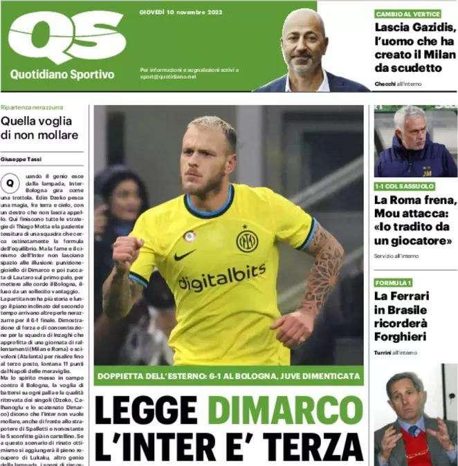L'apertura del QS: "Legge Dimarco, l'Inter è terza". L'esterno fa doppietta, Bologna k.o.