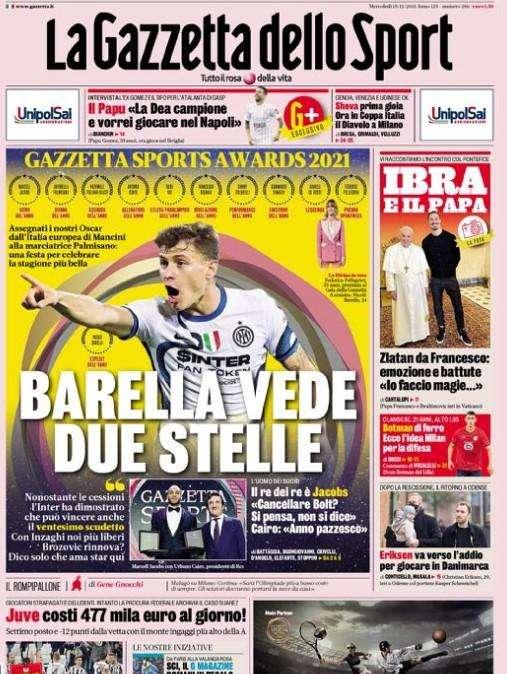La prima pagina de La Gazzetta dello Sport: "Barella vede due stelle"