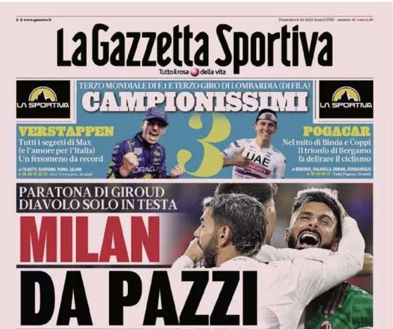 Milan solo in testa. La Gazzetta dello Sport accusa: "Inter, da 2-0 a 2-2. Inzaghi non cambia mai!"