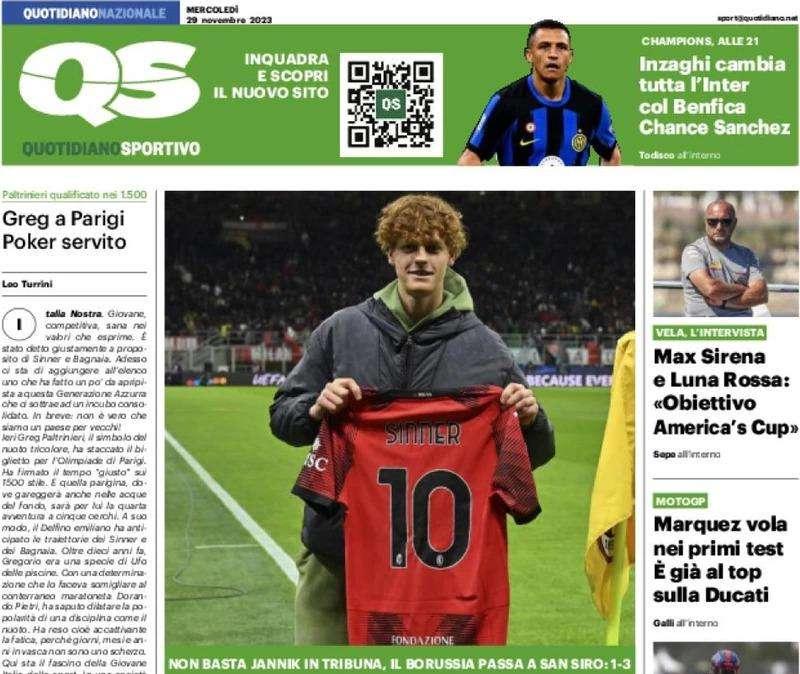 La prima pagina del QS - Quotidiano Sportivo: "Inzaghi cambia tutta l'Inter, col Benfica c'è Sanchez"