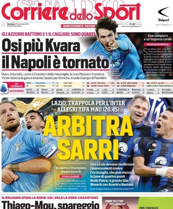 "Inter-Lazio la dirige...Sarri", Allegri tifa i biancocelesti: la prima pagina del Corriere dello Sport