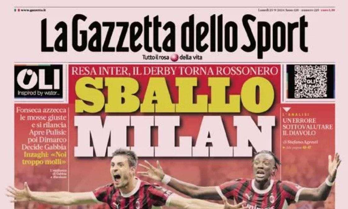 "Sballo Milan, Inter in Gabbia": le prime pagine dei quotidiani sportivi del 23 settembre
