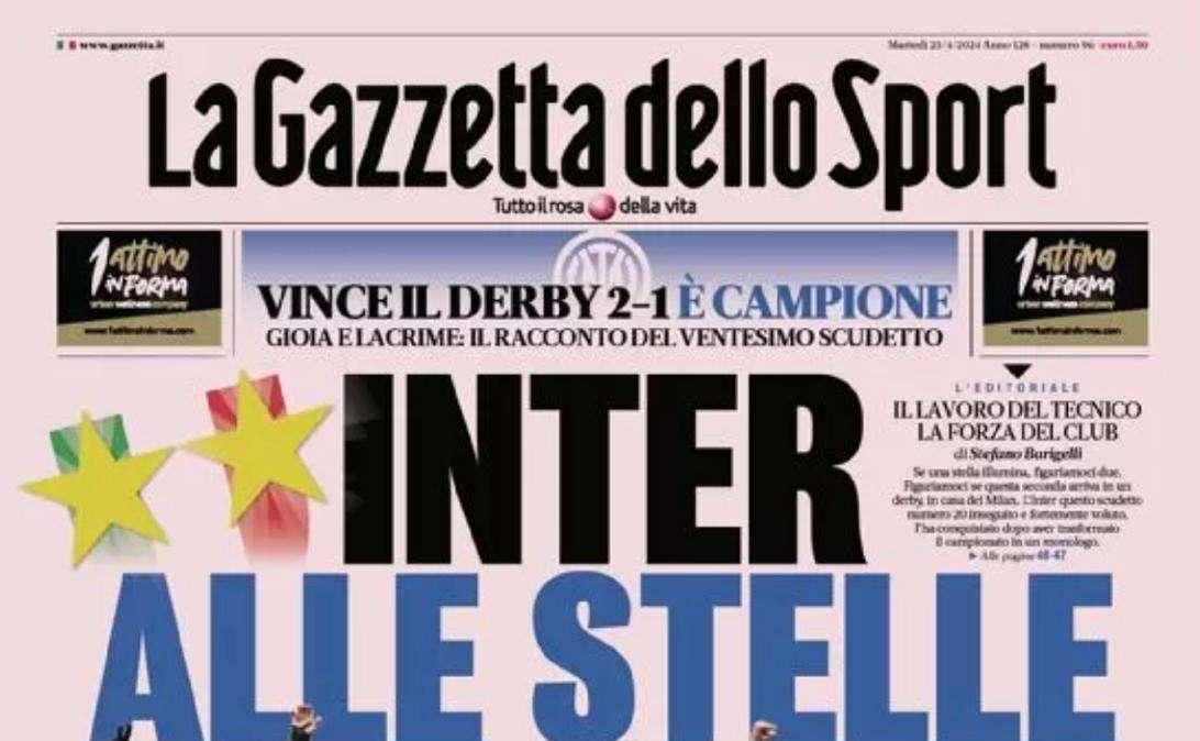 Inter alle stelle: vince il derby 2-1 ed è campione. La prima pagina de La Gazzetta dello Sport