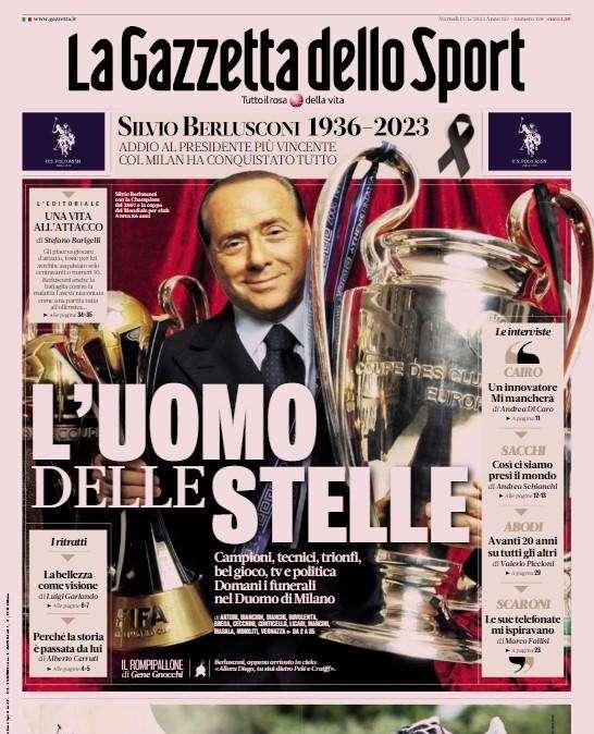 Le prime pagine di martedì 13 giugno: il calcio piange Silvio Berlusconi