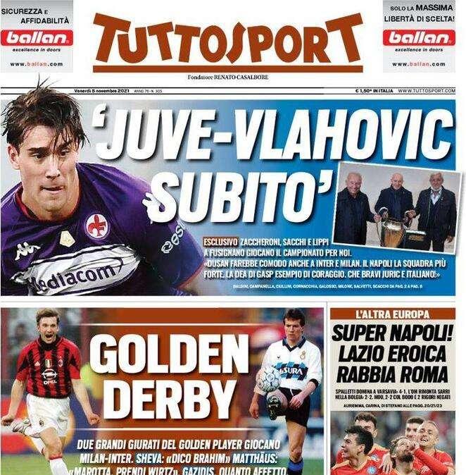 La prima pagina di Tuttosport su Milan-Inter: "Golden derby"