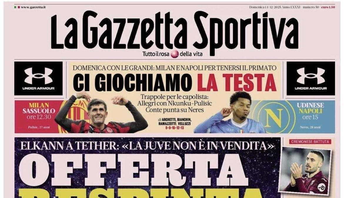 "Idea Inter, i due Thuram. Milan e Napoli si giocano la testa e la Juve non è in vendita", la prima pagina de La Gazzetta dello Sport