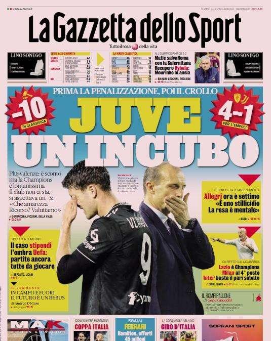La prima pagina de La Gazzetta dello Sport: "Inzaghi riflessivo, Italiano spavaldo: le idee in finale"