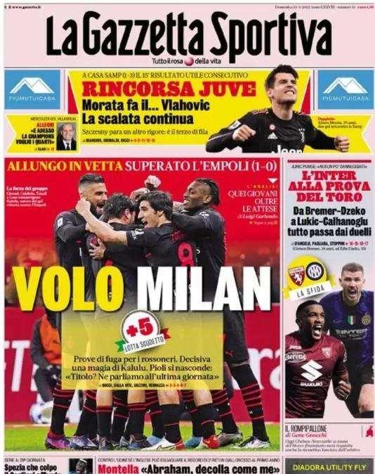 La prima pagina de La Gazzetta dello Sport: "L'Inter alla prova del Toro"