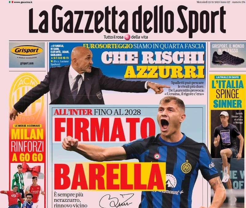 La Gazzetta dello Sport apre col rinnovo di Barella: "Si legherà all'Inter fino al 2028"