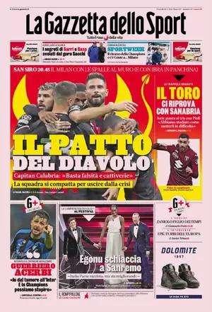 L'apertura della Gazzetta dello Sport: Acerbi: "Dal tumore all'Inter. E in Champions possiamo stupire"
