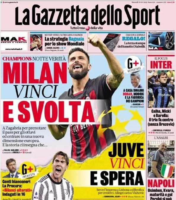 La Gazzetta in apertura: "Calha, Micki e Barella: il trio fa centro (senza Brozovic)"