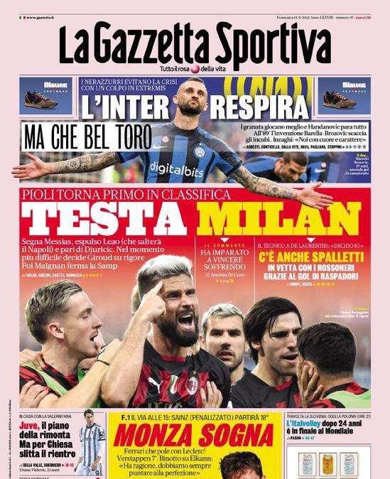 La Gazzetta dello Sport in apertura: "L'Inter respira, ma che bel Toro"