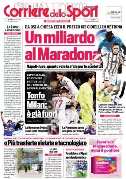 Il CorSport apre con la sfida Scudetto tra Napoli e Juve: "Un miliardo al Maradona"