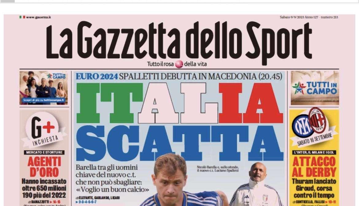 La prima pagina della Gazzetta dello Sport: "Attacco al derby. Thuram lanciato, corsa contro il tempo per Giroud"