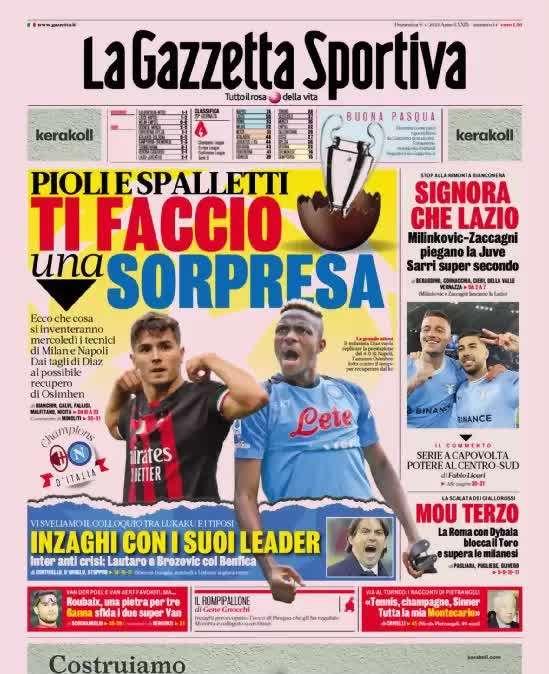 La prima pagina de La Gazzetta dello Sport: "Inter anti crisi: Lautaro e Brozovic col Benfica"
