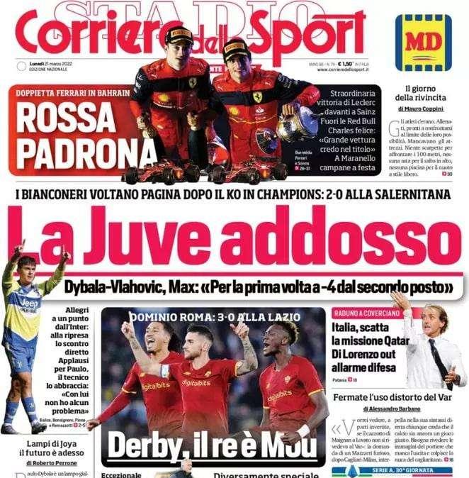 La prima de Il Corriere dello Sport: "La Juve addosso, Allegri a un punto dall'Inter"