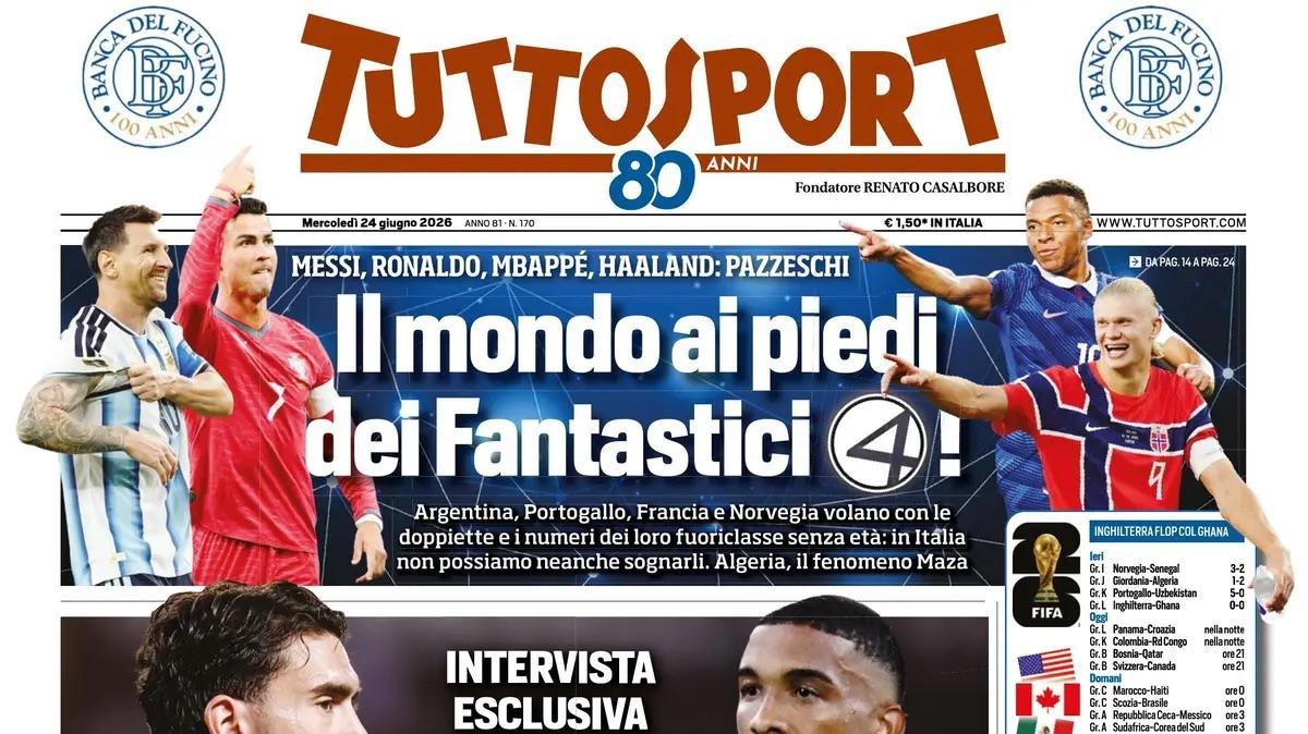 La prima pagina di Tuttosport: "Ahi Palestra: beffa Chelsea. Furia Marotta. Tutto su Paz"