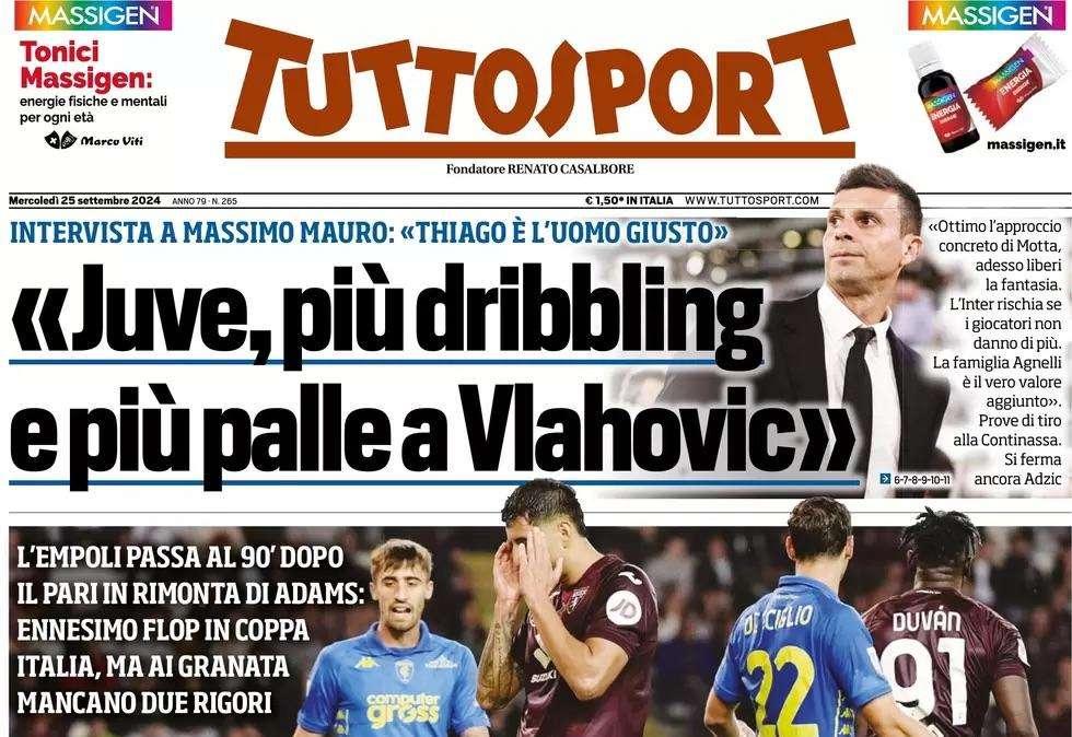 L'apertura di Tuttosport: "Inter, un guaio tira l'altro: un mese senza Barella. Occasione Frattesi"
