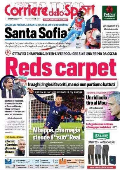 Il Corriere dello Sport in apertura su Inter-Liverpool: "Reds Carpet"