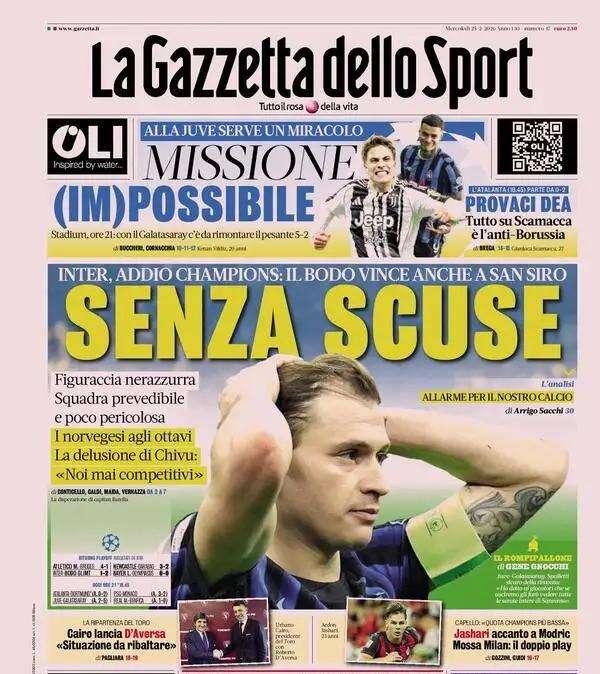 Senza scuse. Figuraccia Inter, Chivu: "Noi mai competitivi". La prima pagina della Gazzetta dello Sport
