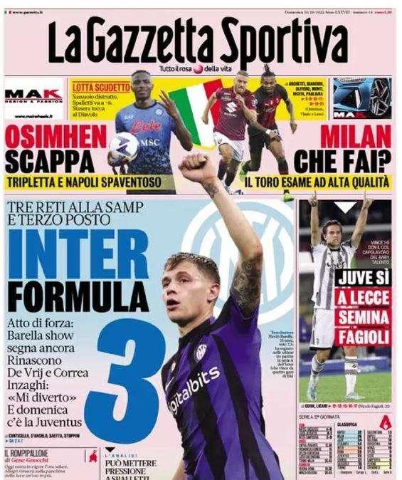 La prima pagina della Gazzetta dello Sport: "Inter Formula 3"