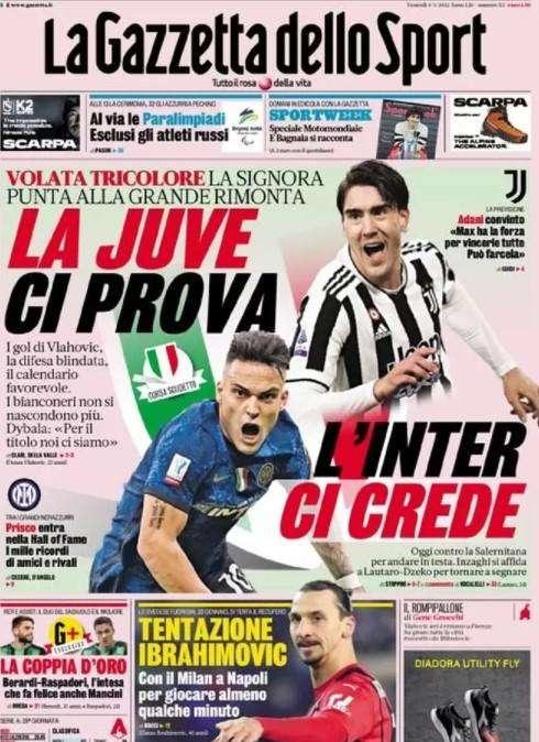 La Gazzetta in apertura sulla lotta Scudetto: "La Juve ci prova, l'Inter ci crede"
