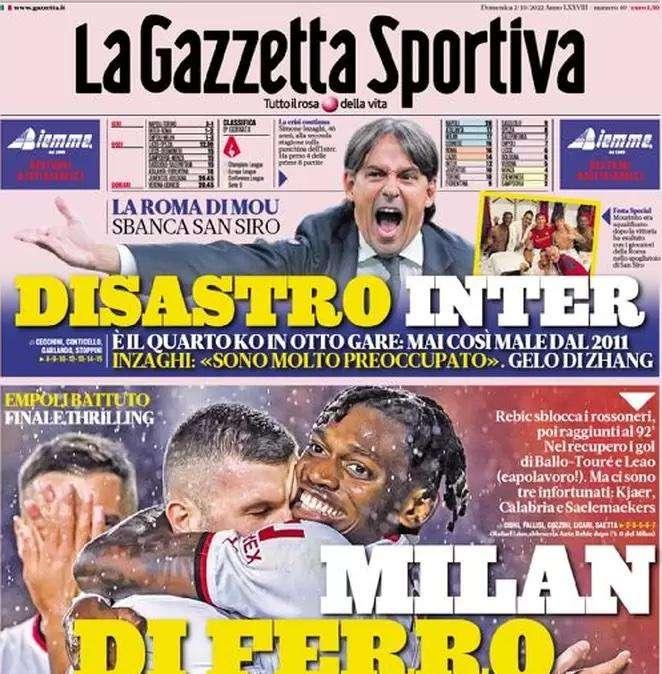 La Gazzetta apre in prima pagina: "Milan di ferro, disastro Inter"