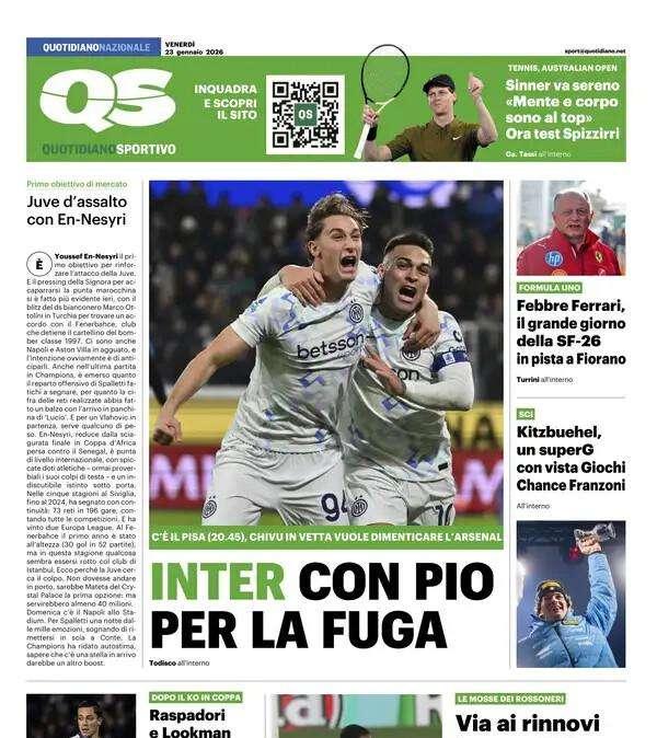 "Inter con Pio per la fuga": la prima pagina del QS in vista della sfida con il Pisa