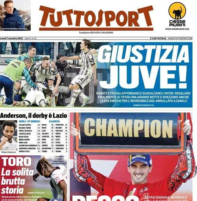 Tuttosport in taglio alto sul derby d'Italia: "Giustizia Juve!"